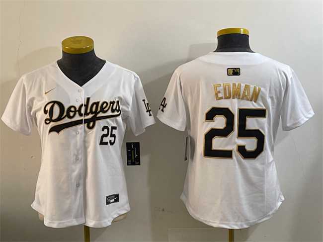 Women%27s Los Angeles Dodgers #25 Tommy Edman White Gold Home Limited Stitched Jersey